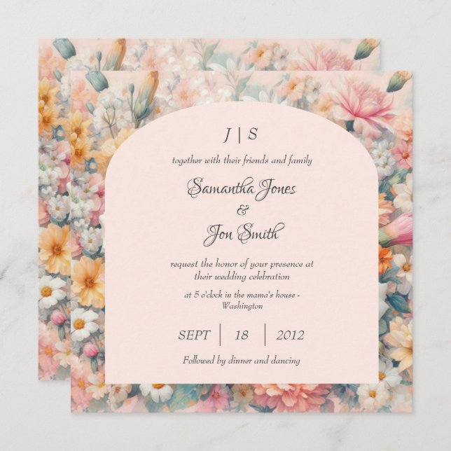 Pink floral wedding invitation (Front/Back)