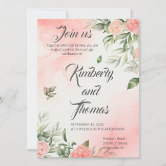 Pink Floral Wedding Invitation - Elegant