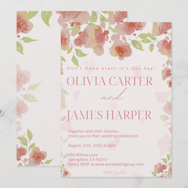 Pink Floral Wedding Invitation – Elegant Rustic (Front/Back)