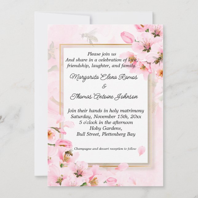 Pink Floral Wedding Invitation or announcement (Front)