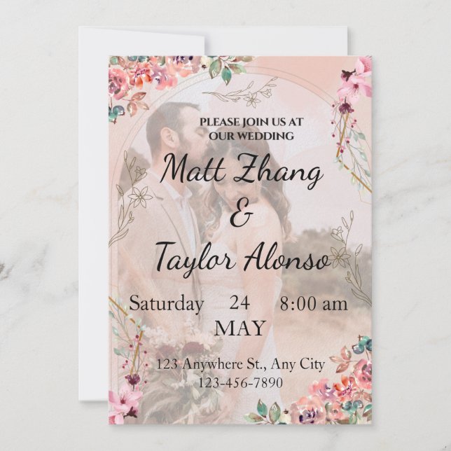 Pink Floral Wedding Invitation, Personalized Invitation (Front)