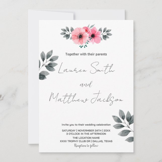 Pink Floral Wedding Invitations (Front)