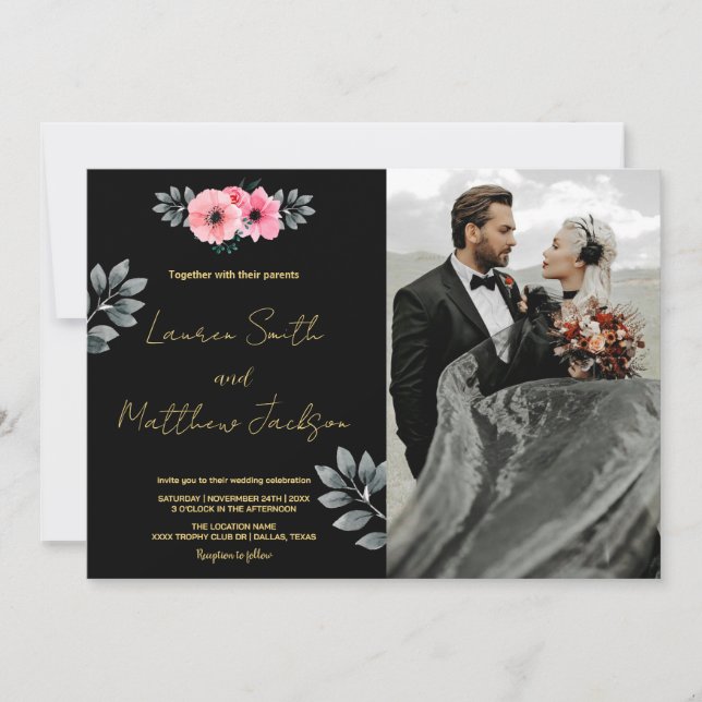 Pink Floral Wedding Invitations with photo (Front)