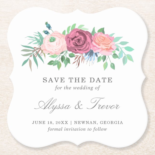 Pink Floral Wedding Non Photo Save the Date Paper Coaster (Front)