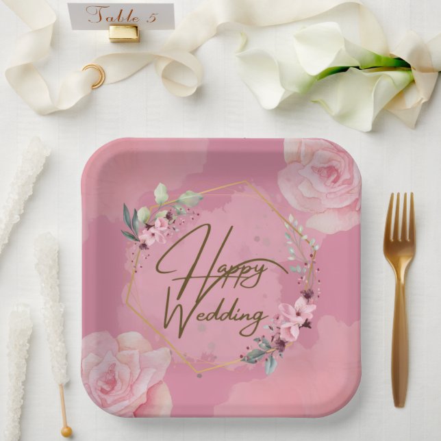 Pink Floral Wedding Paper Plates (Wedding)