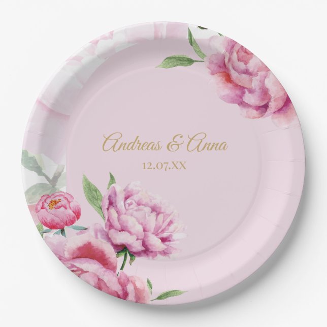 Pink Floral Wedding  Paper Plates (Front)