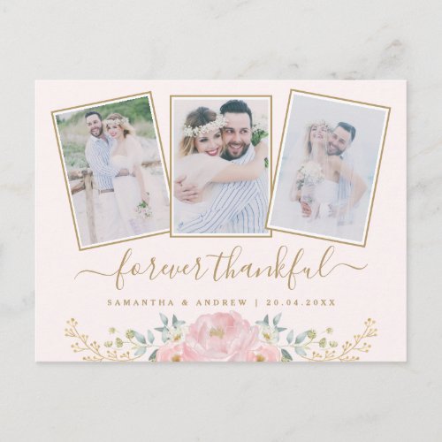 Pink Floral Wedding Photo Collage Thank You Card
