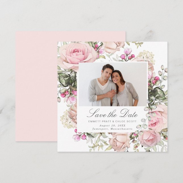 Pink Floral Wedding Photo Save the Date Card (Front/Back)