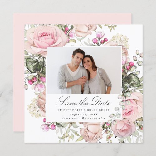 Pink Floral Wedding Photo Save the Date Card
