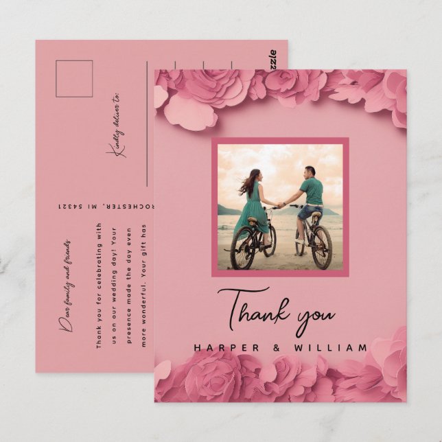 Pink floral wedding photo thank you postcard (Front/Back)