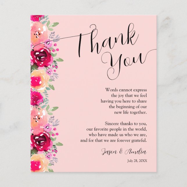 Pink Floral Wedding Plate Thank You Flyer (Front)