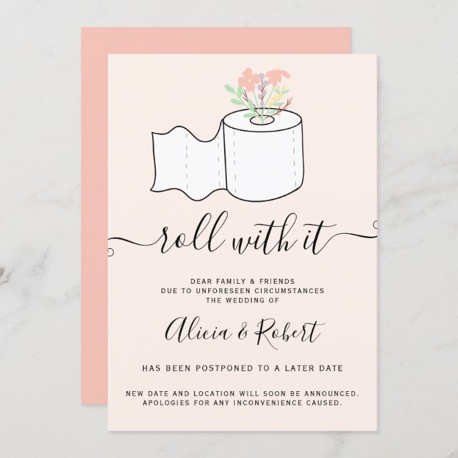 Pink floral wedding postponed roll with it invitation (Front/Back)