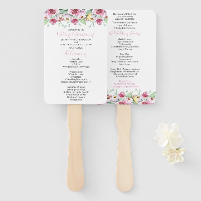 Pink Floral Wedding Program Hand Fan (Front and Back)