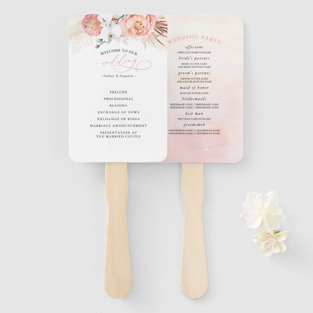 Pink Floral Wedding Program Hand Fan (Front and Back)