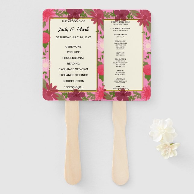 Pink Floral Wedding Program Hand Fan (Front and Back)