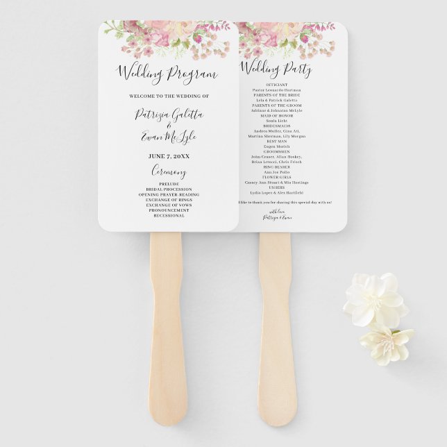 Pink Floral Wedding program Set of Fans (Front and Back)