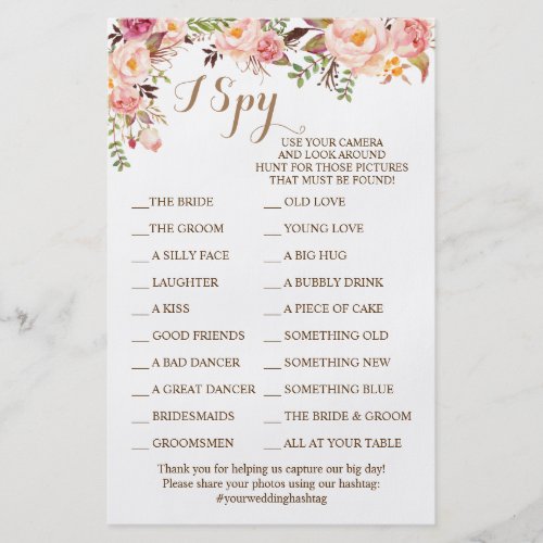 Pink Floral Wedding Reception I Spy Game Card Flyer