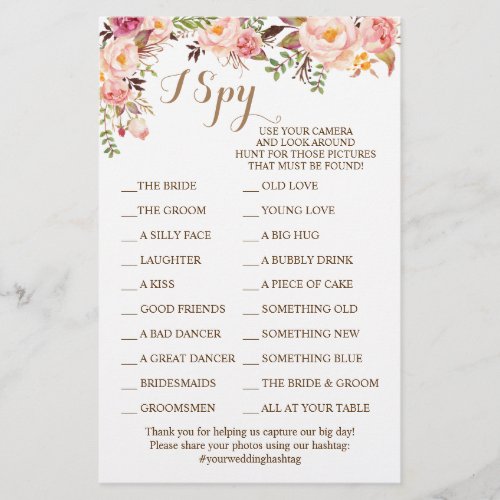 Pink Floral Wedding Reception I Spy Game Card Flyer