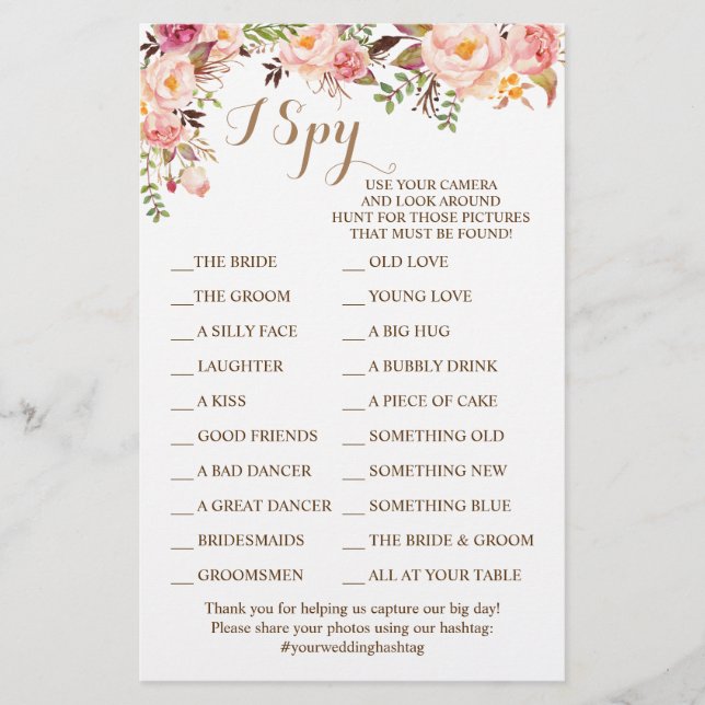 Pink Floral Wedding Reception I Spy Game Card Flyer (Front)