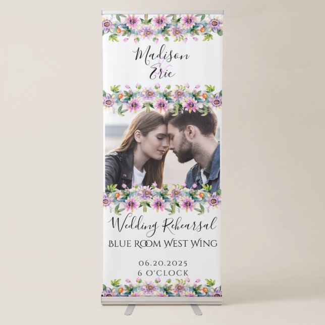 Pink Floral Wedding Rehearsal Dinner Photo Retractable Banner (Front)