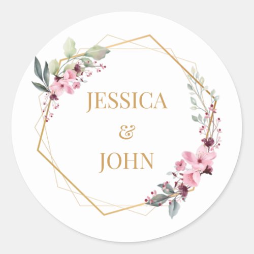 Pink Floral Wedding Round Sticker 