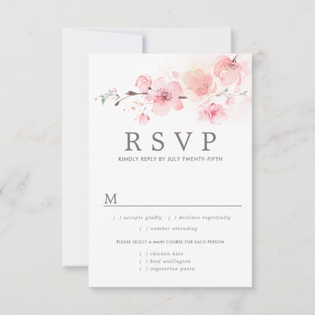 Pink Floral Wedding RSVP Card, Meal Options (Front)