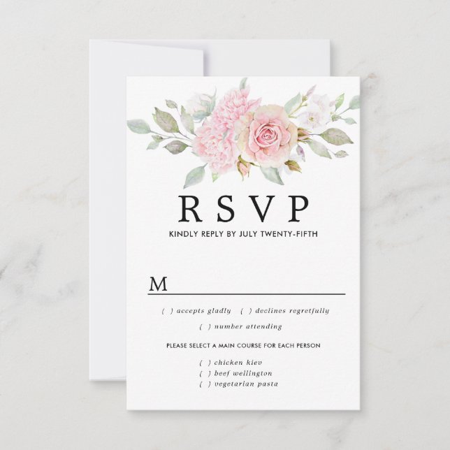 Pink Floral Wedding RSVP Card, Meal Options (Front)