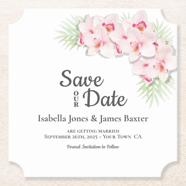 Pink Floral Wedding Save-the-Date Paper Coaster (Front)