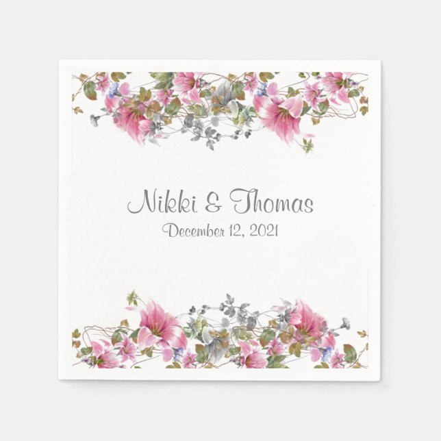 Pink Floral Wedding Script Name Elegant Pretty Napkins (Front)
