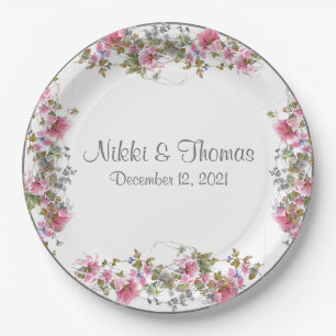 Pink Floral Wedding Script Name Elegant Pretty Paper Plates