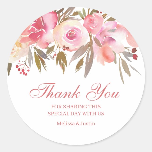Pink Floral Wedding Script Thank You Classic Round Sticker (Front)