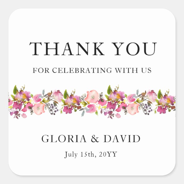 Pink Floral Wedding  Square Sticker (Front)