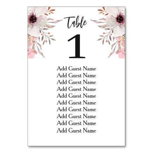 Pink Floral Wedding Table Number Seating Chart