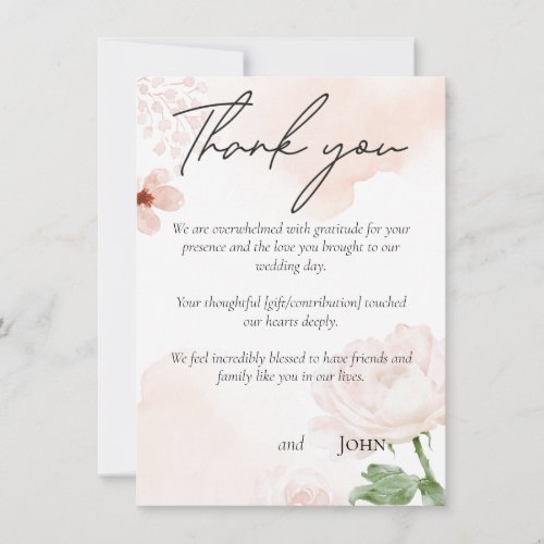 Pink floral wedding thank you card