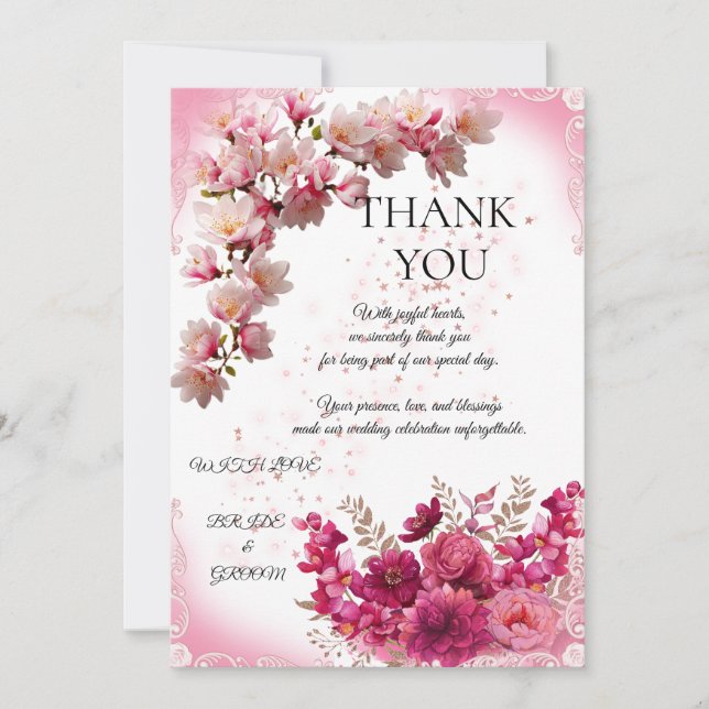 Pink Floral Wedding Thank You Card on White (Front)