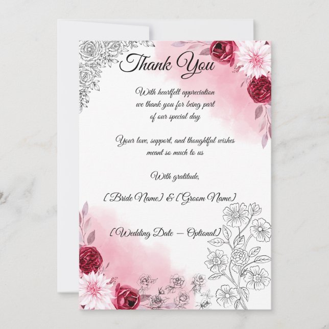 Pink Floral Wedding Thank You Card | Romantic Eleg (Front)