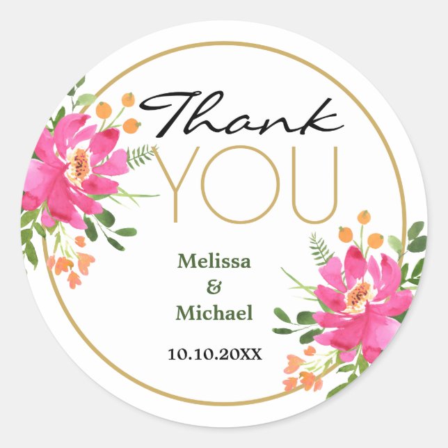 Pink Floral Wedding  Thank You Classic Round Sticker (Front)