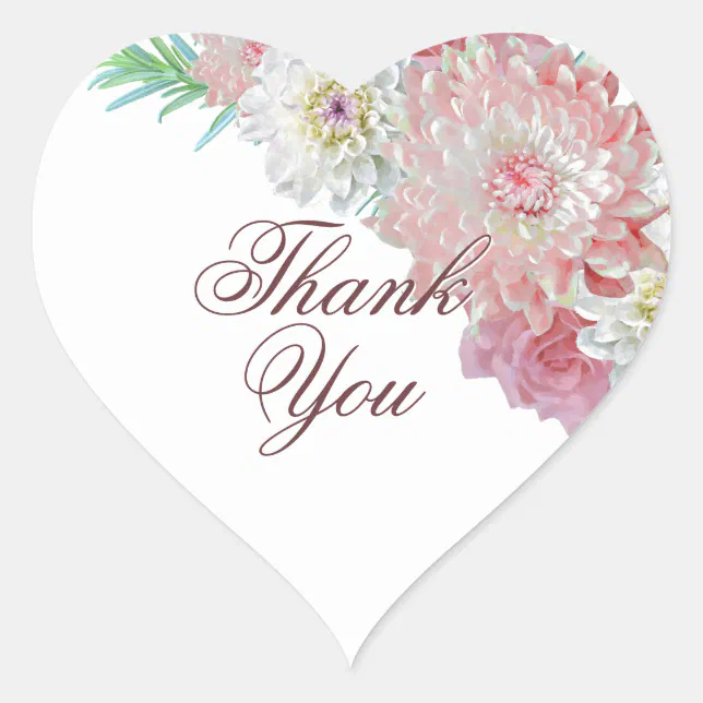 Pink Floral Wedding Thank You Heart Sticker Zazzle 6819