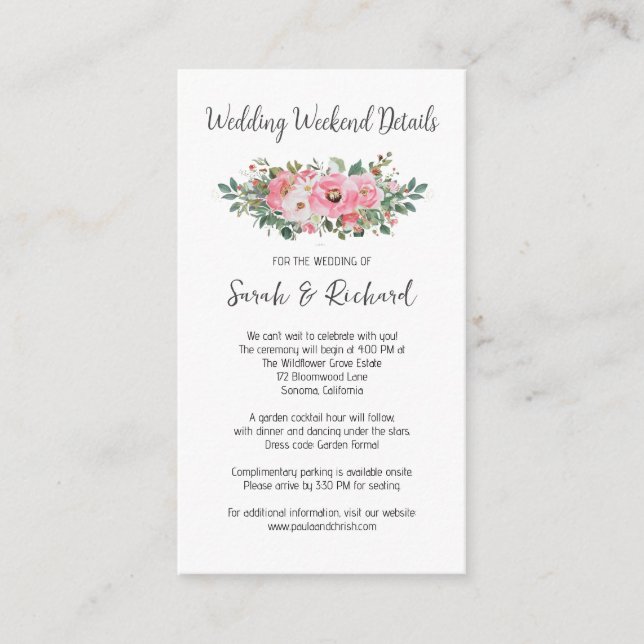 Pink Floral Wedding Weekend Details Enclosure Card (Front)