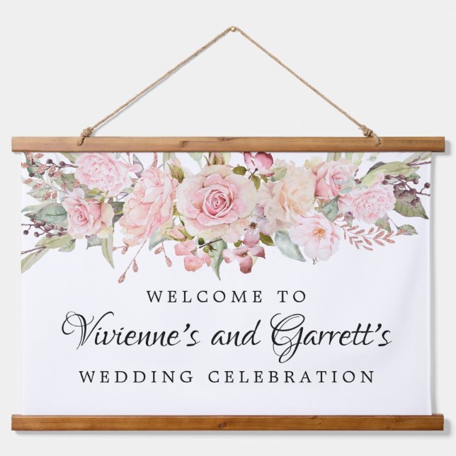 Pink Floral Wedding Welcome Hanging Tapestry (Front)