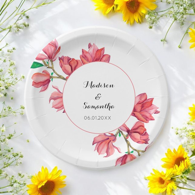 Pink Floral Wedding White Magnolia Watercolor Paper Plates (Creator Uploaded)