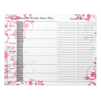 Pink Floral Weekly Personalized Menu Plan Notepad by wasootch at Zazzle