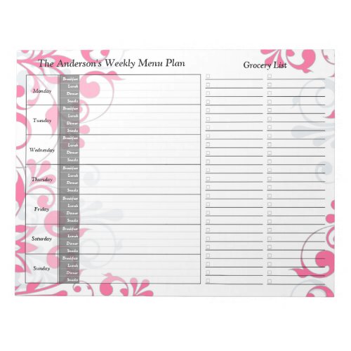 Pink Floral Weekly Personalized Menu Plan Notepad