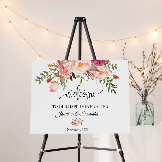 Pink Floral Welcome Wedding Reception Ceremony Foam Board (In Situ (Stand))