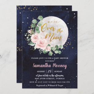 Pink Floral We're Over the Moon Girl Baby Shower Invitation