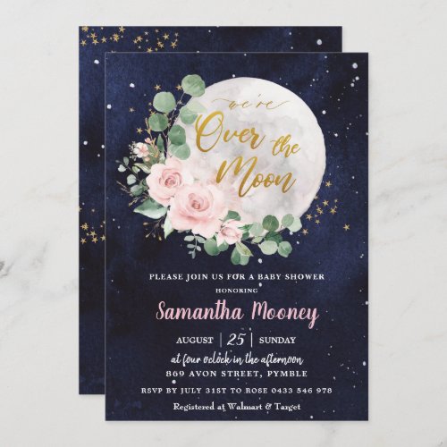 Pink Floral Were Over the Moon Girl Baby Shower Invitation