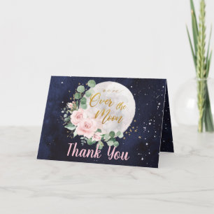 Pink Floral We're Over the Moon Girl Baby Shower Thank You Card