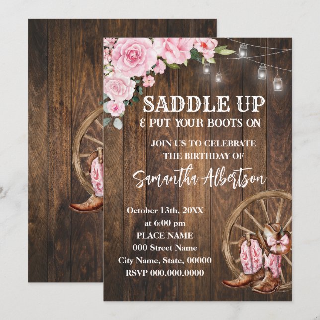 Pink Floral Western Cowgirl Birthday Country Invitation (Front/Back)
