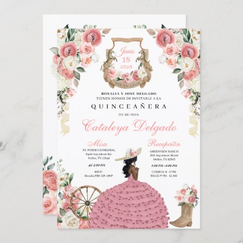 Pink Floral Western Mariachi Charro Quinceaera Invitation