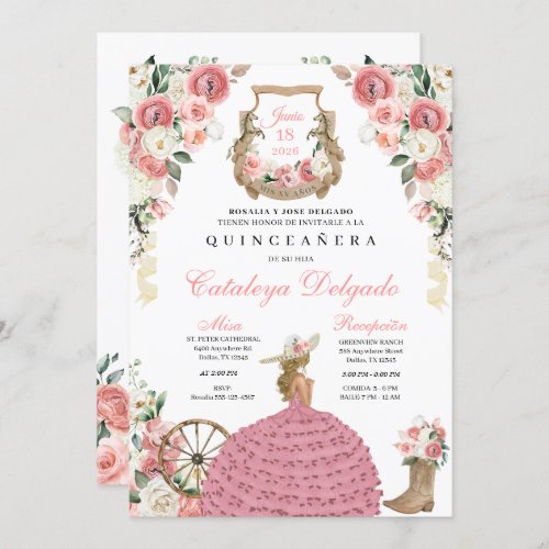 Pink Floral Western Mariachi Charro Quinceaera Invitation